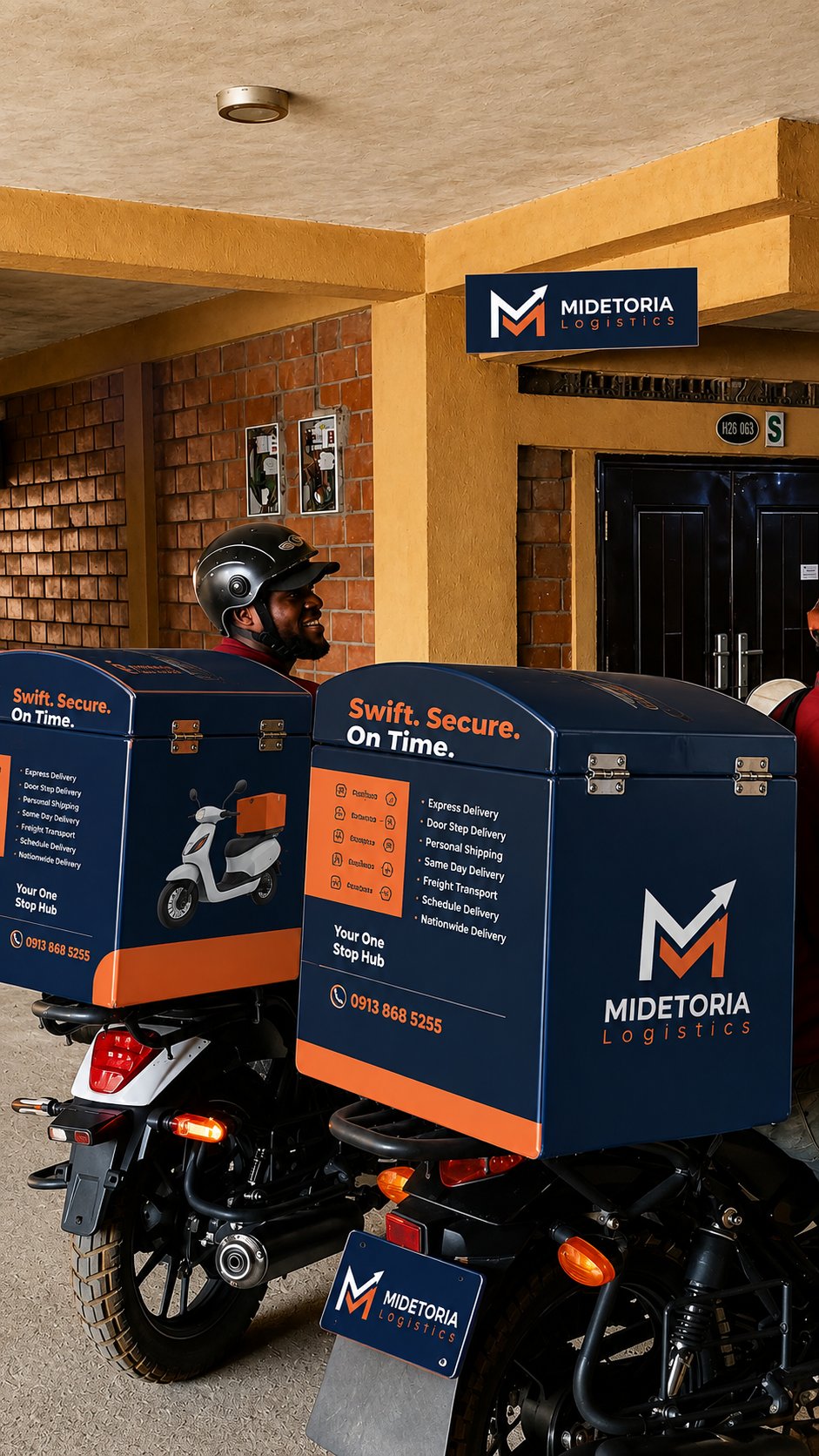 Branded Midetoria Logistics delivery motorcycles ready for dispatch